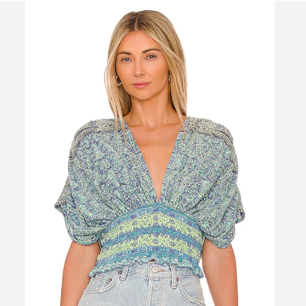 NWT🦋Free People Next Vacation Blue Green Print Smocked Blouse